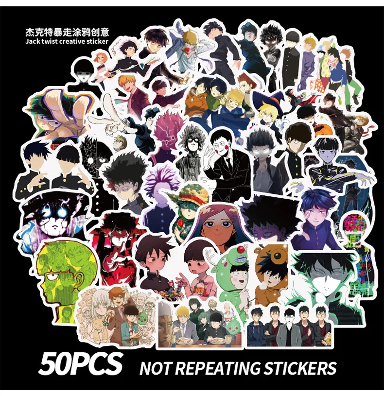 50pcs / lot Mixed Car Stickers Mob Psycho 100 MP100 för bärbar dator Hjälm Skateboard Klistermärken Pad Cykel Motorcykel PS4 Telefon Notebook DECAL PVC