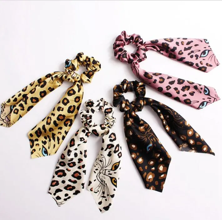 Hair Scrunchie Bands Streamer Tillbehör Kvinnor Tjej Ponytailhållare Elastiska Scrunchies Toppar Leopard Head Scarf Hårband 50PCS F307F