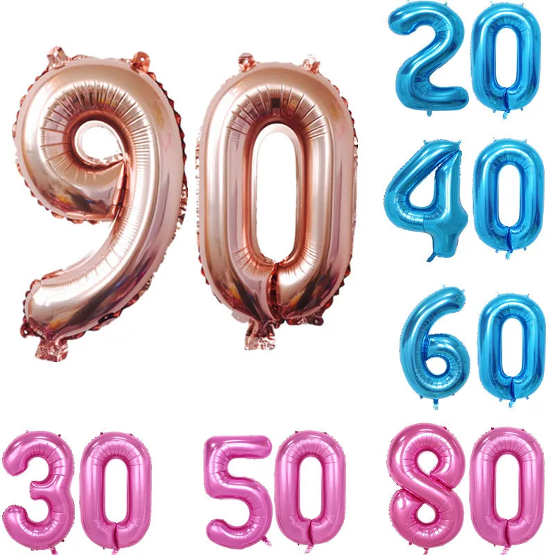 Globos de aluminio con números de 32 pulgadas, oro rosa, rosa y azul, 20, 30, 40, 50, 60, 80, 90 años, suministros para fiesta de cumpleaños, decoración de boda