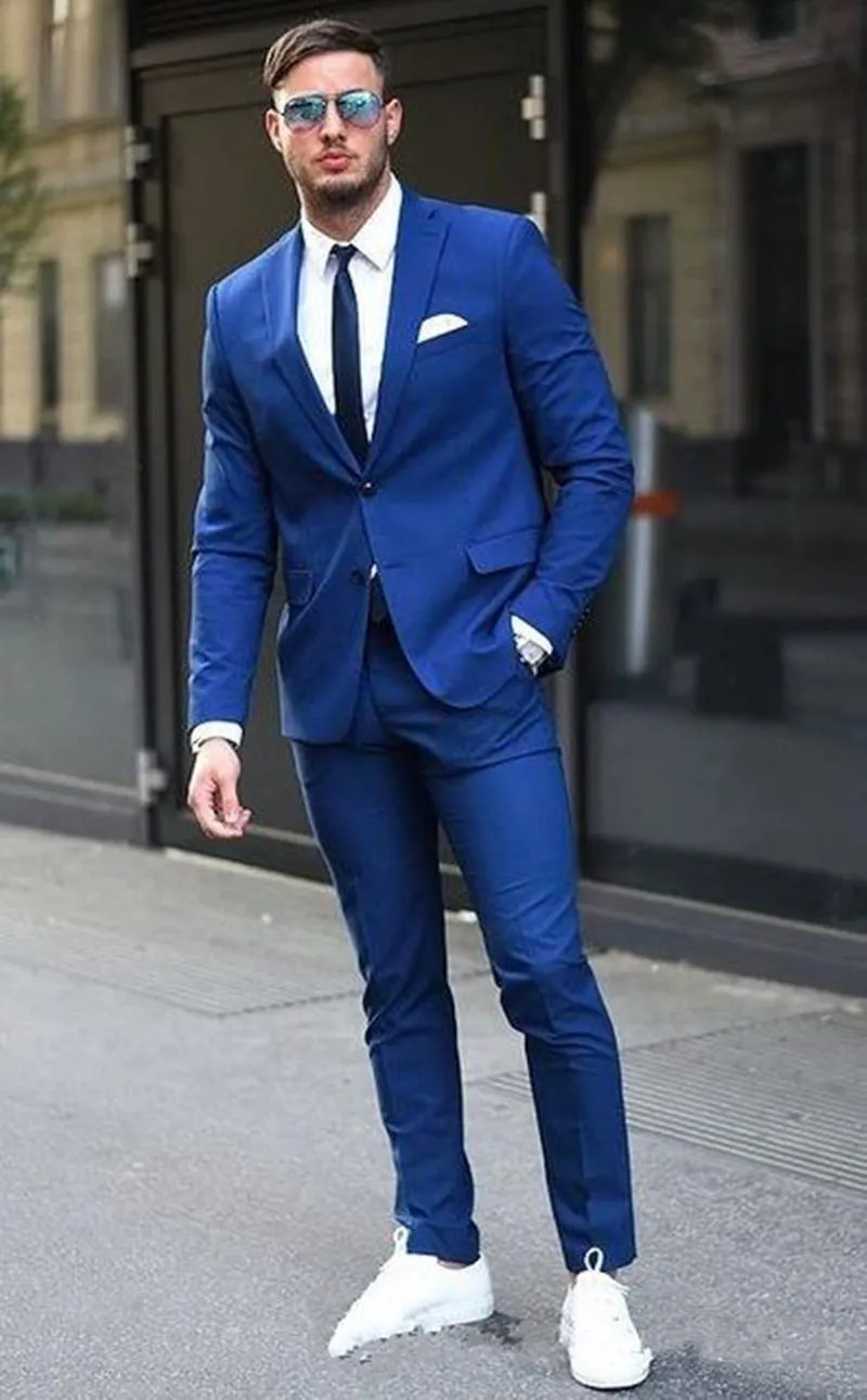 Kraliyet Mavi Erkek Düğün Smokin Çentik Yaka Groomsmen Smokin Adam Blazers Ceket Mükemmel Erkekler Balo Yemeği 2 Parça Suit (Ceket + Pantolon + Kravat) 236