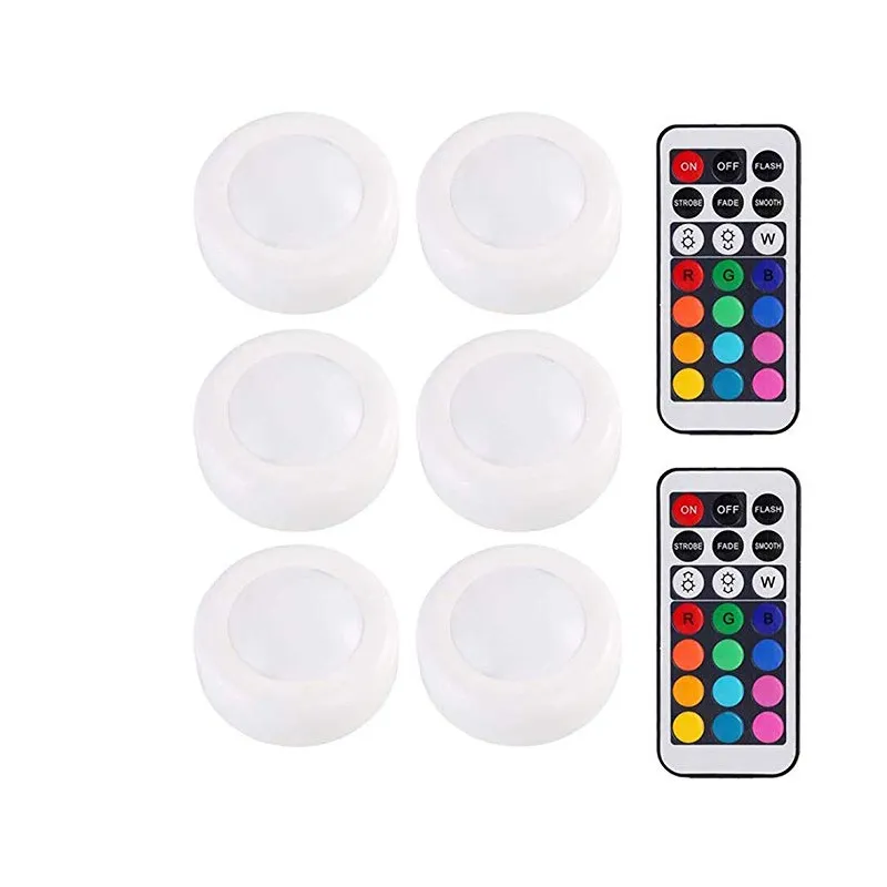 LED Puck Light 6Pcs RGB 12 Colors Wireless LED Under Cabinet Light with Remote Control Battery Powered Dimmable Touch Sensor Closet Light