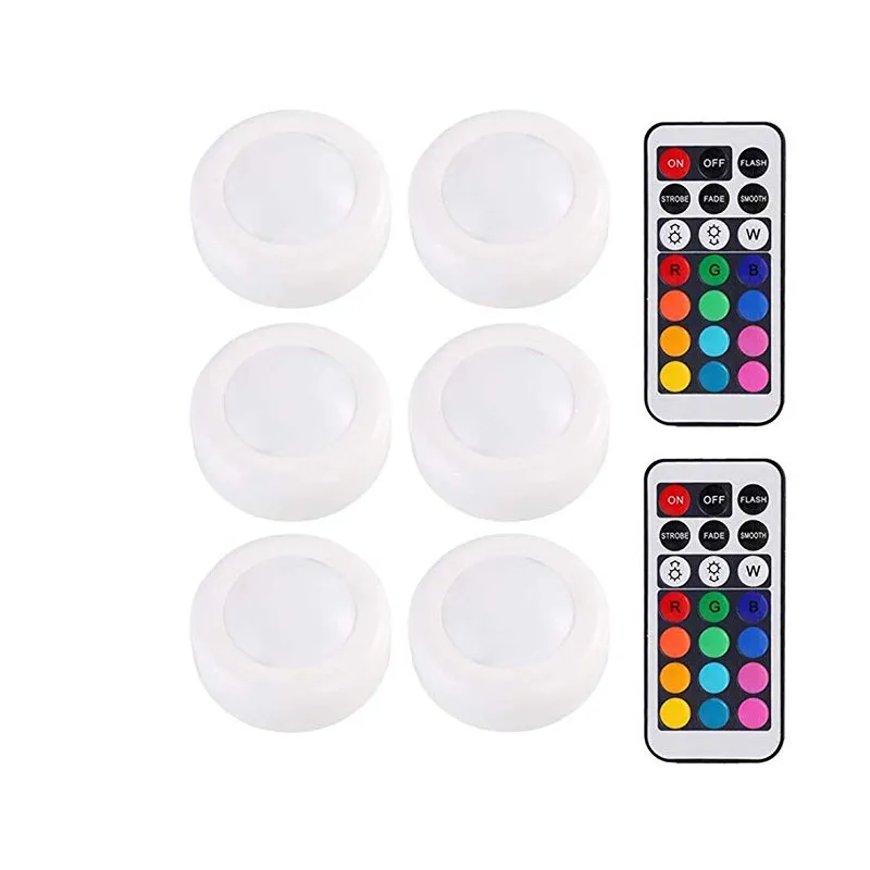 LED Puck Light 6 stks RGB 12 kleuren Draadloze LED onder kastlamp met afstandsbediening batterij aangedreven dimbare aanraaksensor kastlamp