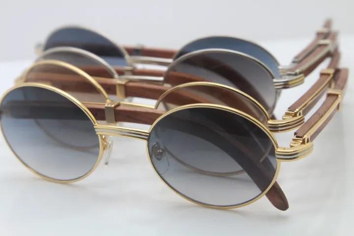 Atacado-Hot madeira Sunglasses Vintage Metal Material Unisex 7550178 óculos de sol de madeira Round Frame Tamanho: 57-22-135mm