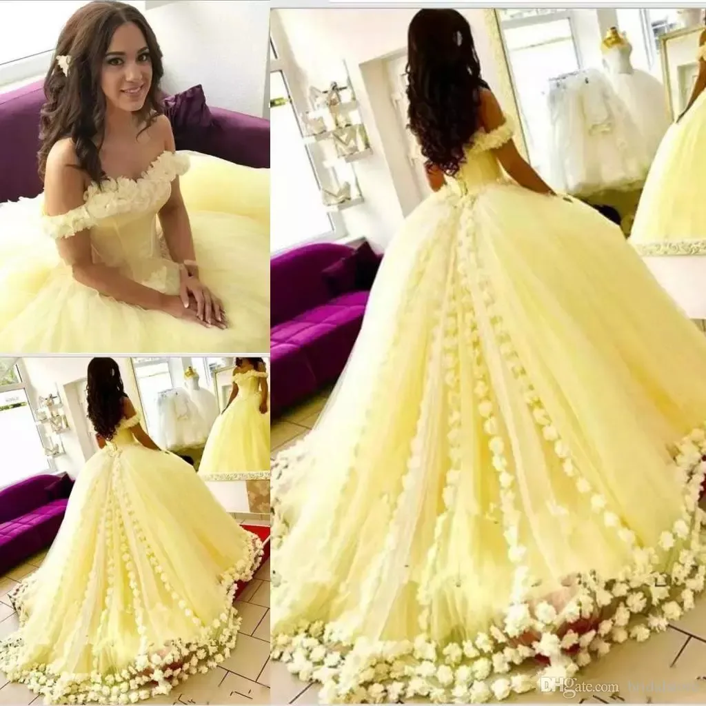 Wunderschöne gelbe Quinceanera-Kleider aus Tüll 2019, schulterfrei, 3D-Blumenapplikationen, Ballkleider, Schnürkleid für das Sweet 16, lange Ballkleider