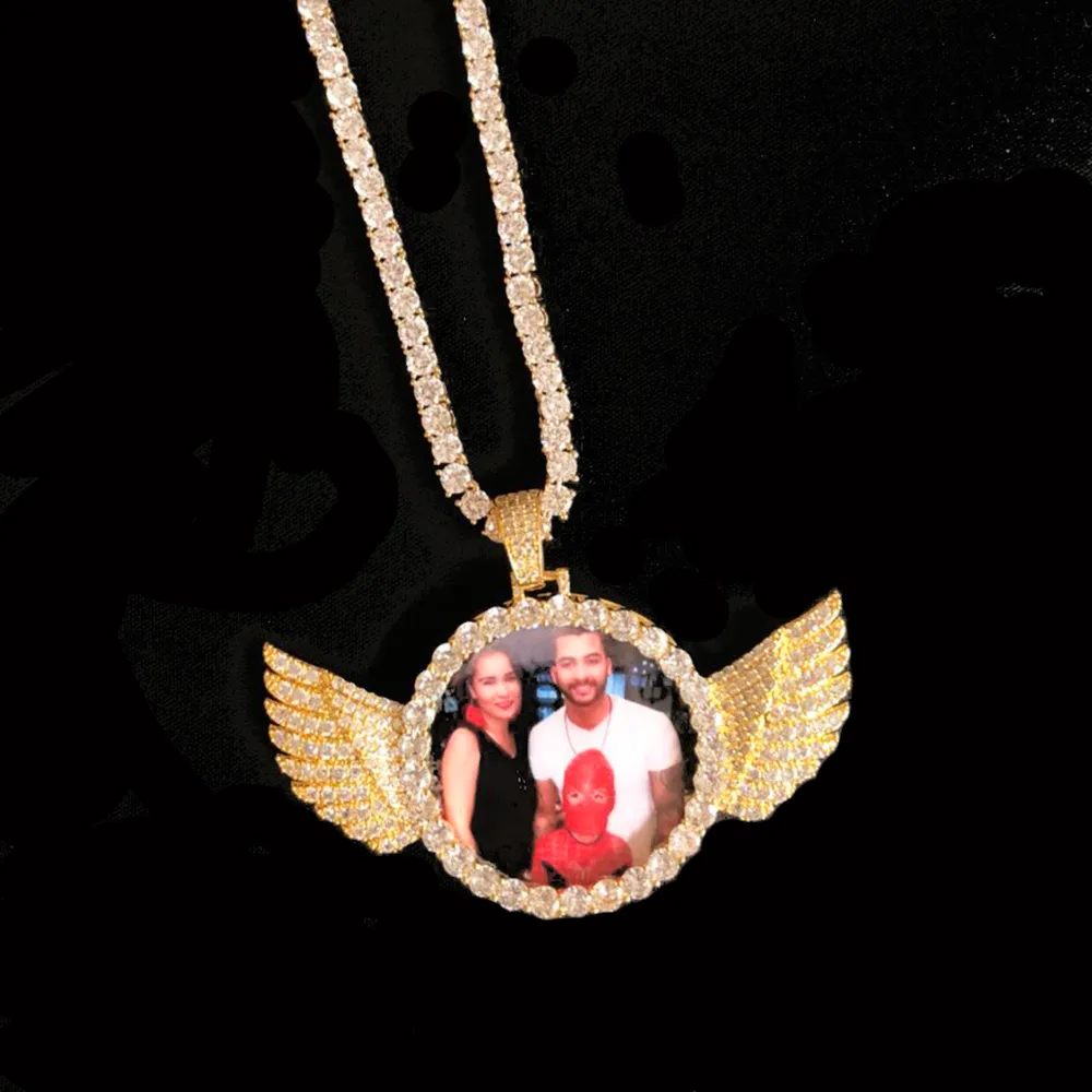 مخصص صور مع أجنحة الأنواط قلادة 4MM تنس سلسلة ذهبية فضية اللون مكعب الزركون مجوهرات رجالية الهيب هوب