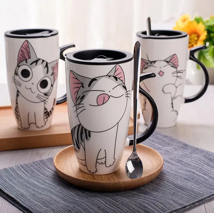 Tasse créative en céramique de chat de 600ml, avec couvercle et cuillère, tasse de café au lait de dessin animé, tasses en porcelaine, jolis cadeaux, meilleures ventes