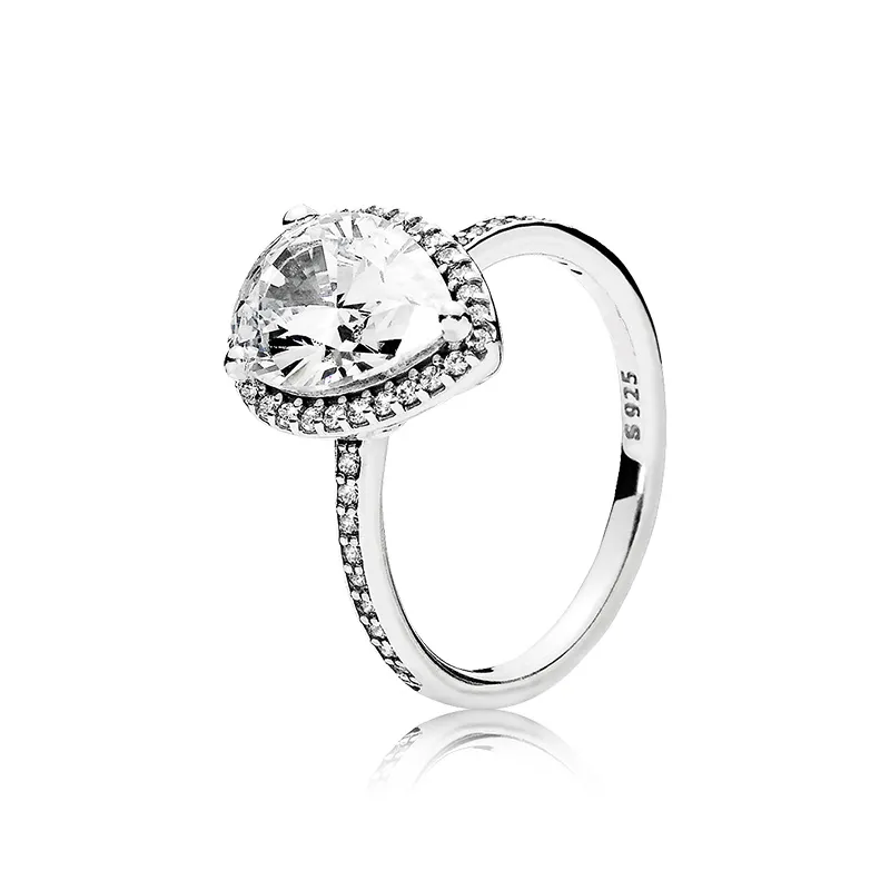 Real 925 Sterling Silver Tear drop CZ Diamond RING with LOGO and Original box Fit Pandora Wedding Ring Engagement Jewelry for Women