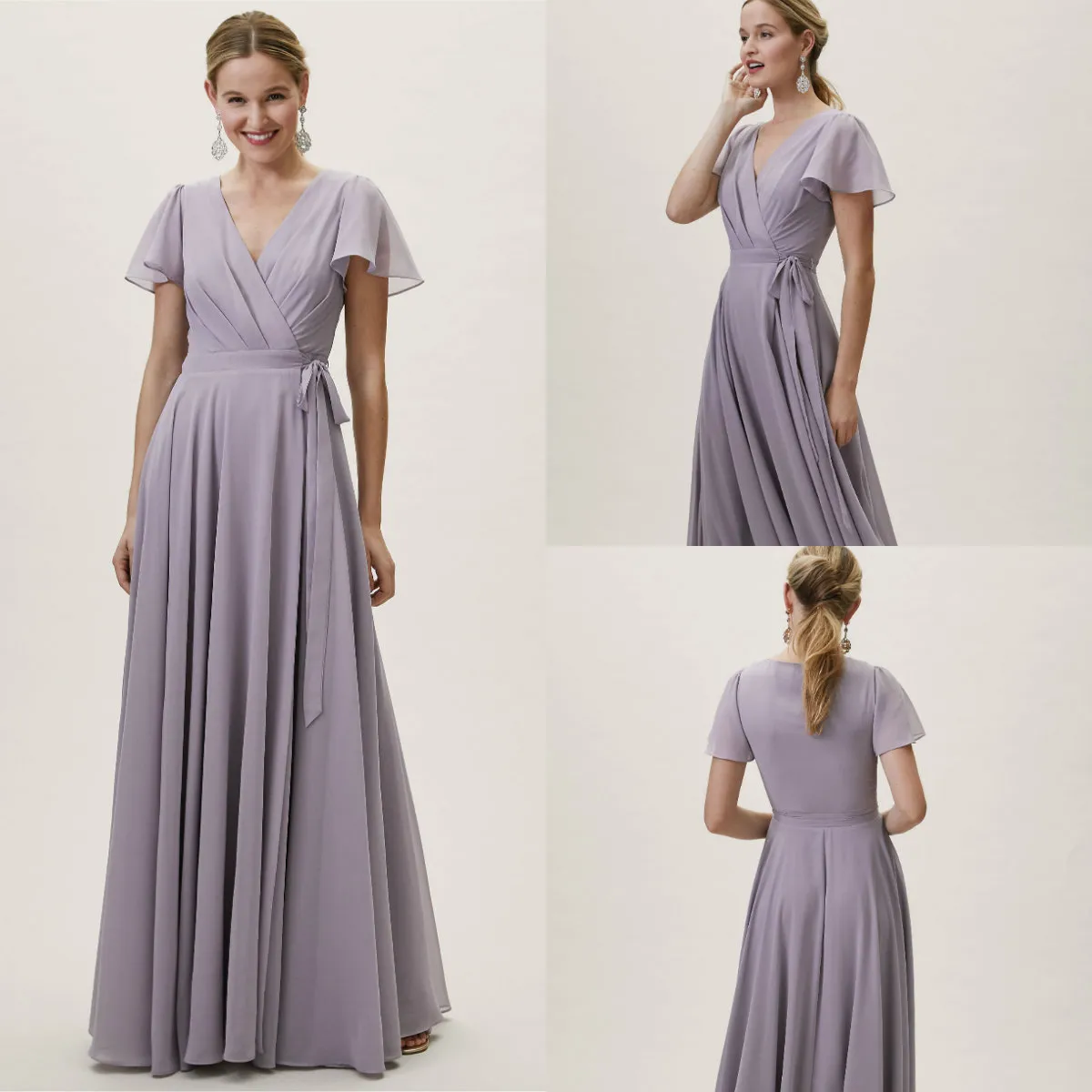 Country Bridesmaid Dresses V Neck A Line Short Sleeves Chiffon Floor Length Cheap Prom Dress Formal Party Gowns