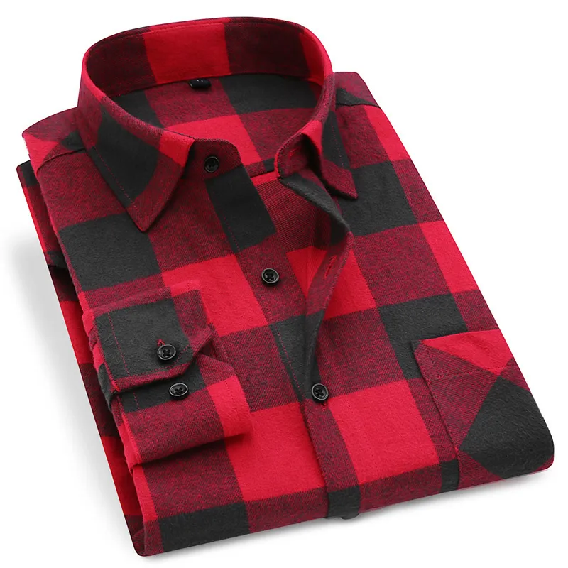 남자 플란넬 격자 무늬 셔츠 100 % 코튼 2019 봄 가을 캐주얼 긴 소매 셔츠 소프트 컴포트 슬림 맞는 스타일 브랜드 맨 플러스 크기 MX190720