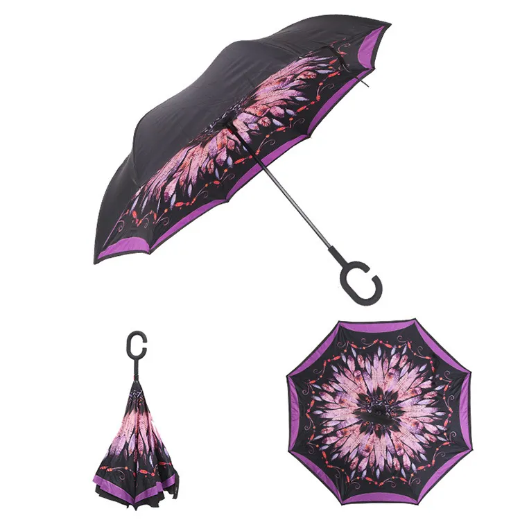 Ombrelli invertiti dal design speciale colorati per auto Maniglia a C Doppio strato al rovescio Ombrello da sole / pioggia pieghevole antivento da spiaggia