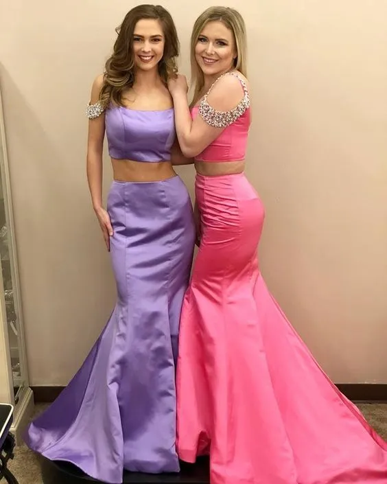 Charmante Lila Mermaid Prom Dresses 2 Stuks Off Schouder Rhinestones Beaded Pailletten Satijnen Avondjurken Gewaden De Cocktail Party Pageant