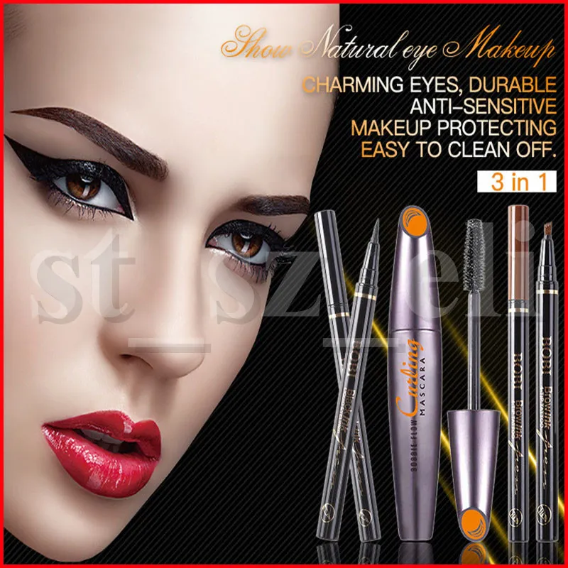 BOBBIE FLOW Augen-Make-up-Set, Eyeliner, Mascara, Augenbrauenstift, wasserfest, langlebig, natürliches Make-up, 3-in-1-Set