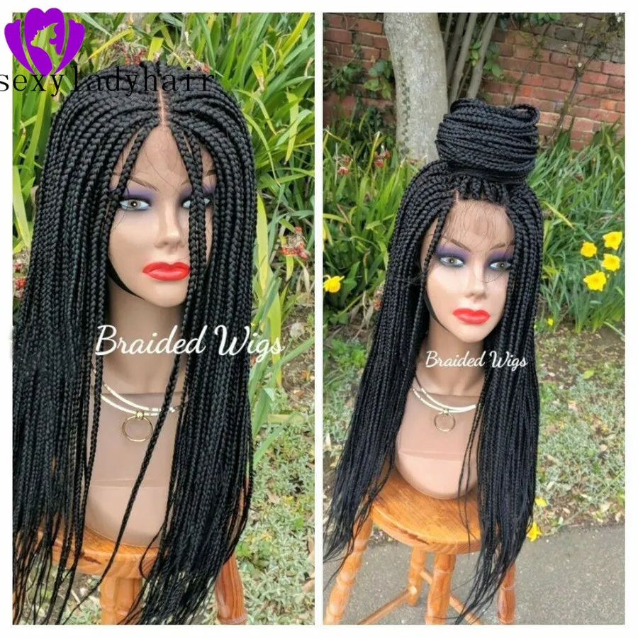 Middle part Long black /blonde /Burgundy /ombre Glueless Braided Synthetic Lace Front Wigs Twist Braids For Afro Black Women Daily Wear