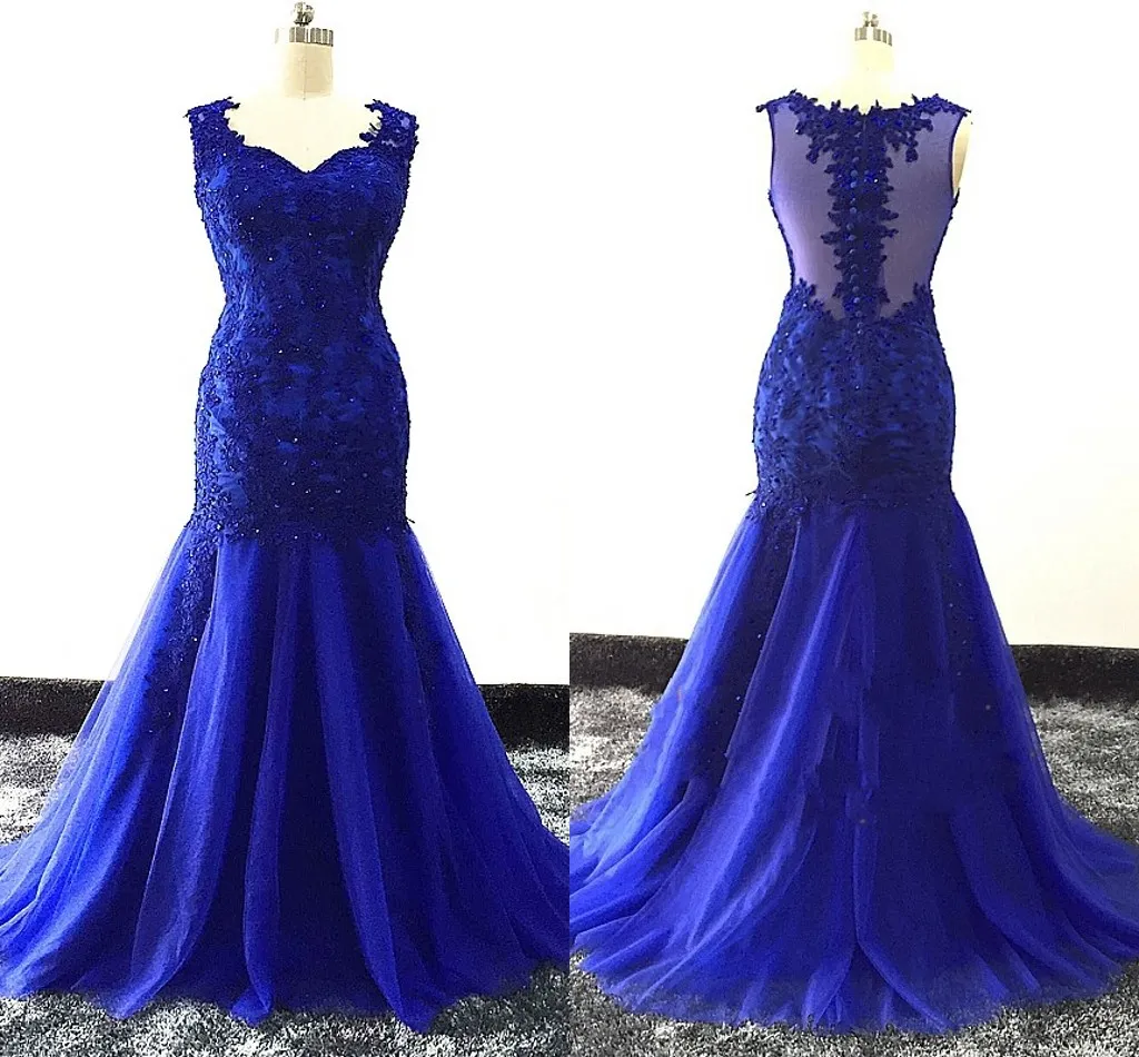 Royal Blue Plus Storlek Prom Klänningar Mermaid Style 2019 Sweetheart Cap Sleeve Applique Sequins Beaded Evening Gowns Formell Klänning Party för Tjej