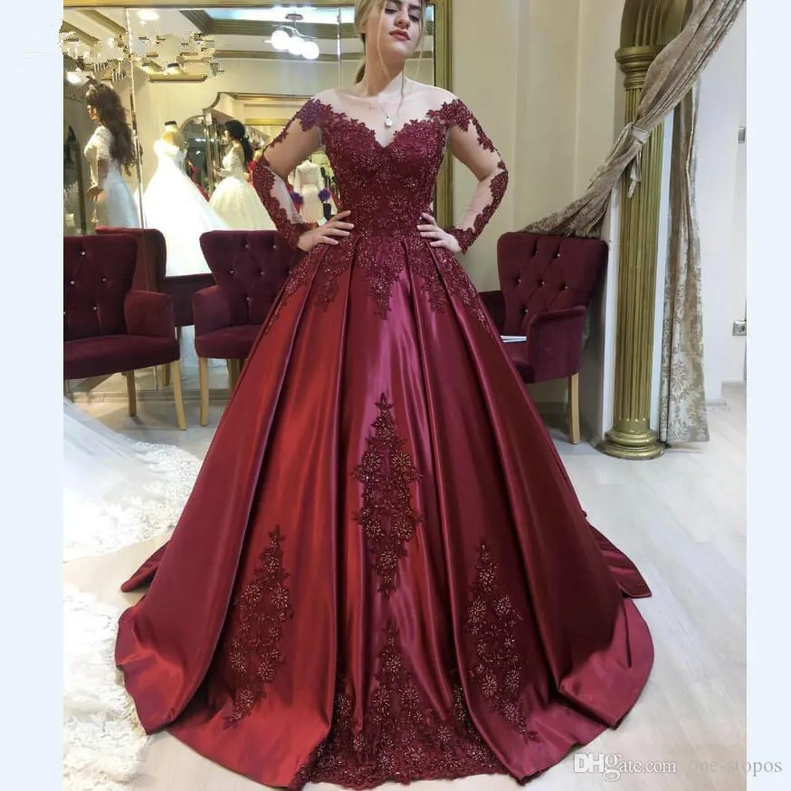 Save Big on Bulk Burgundy Long Evening Dresses Vintage Plus Size Burgundy  Long Sleeves Ball Gown Quinceanera Dresses Lace Appliqued Floor Length  Satin