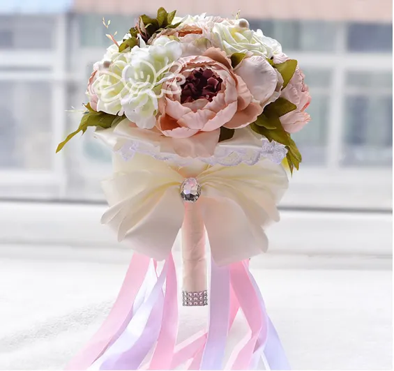 New Design Bridal Hand Flowers For Wedding Party Bouquet Pearls Adorned Artificial Silk Flowers Home Decorations Ribbon