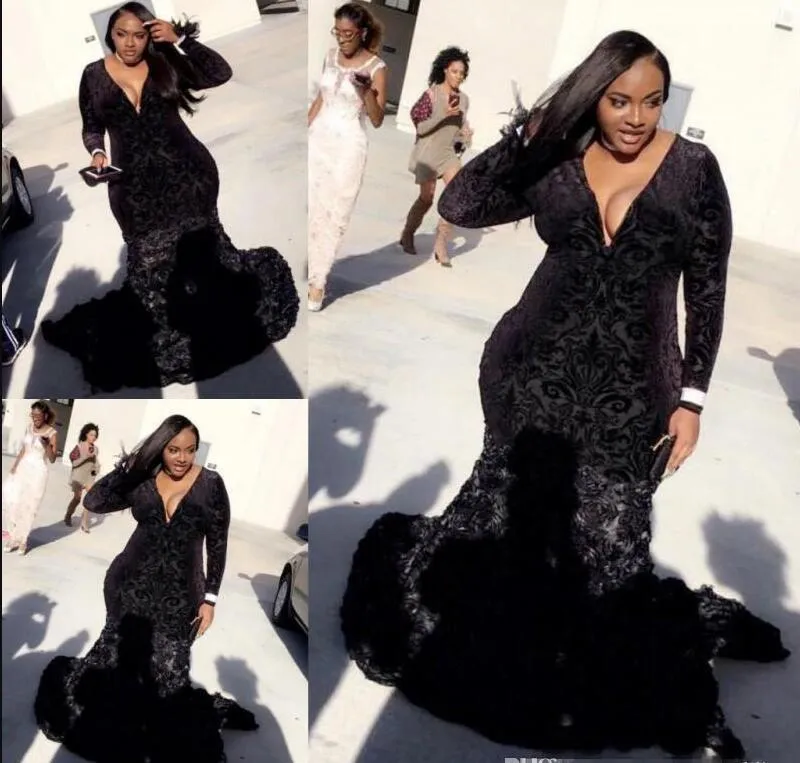 2020 Black Plus Size vestidos de baile sexy profundo pescoço de mangas compridas Lace veludo Vestidos de noite Sul-africano treinar forma formal festa vestido