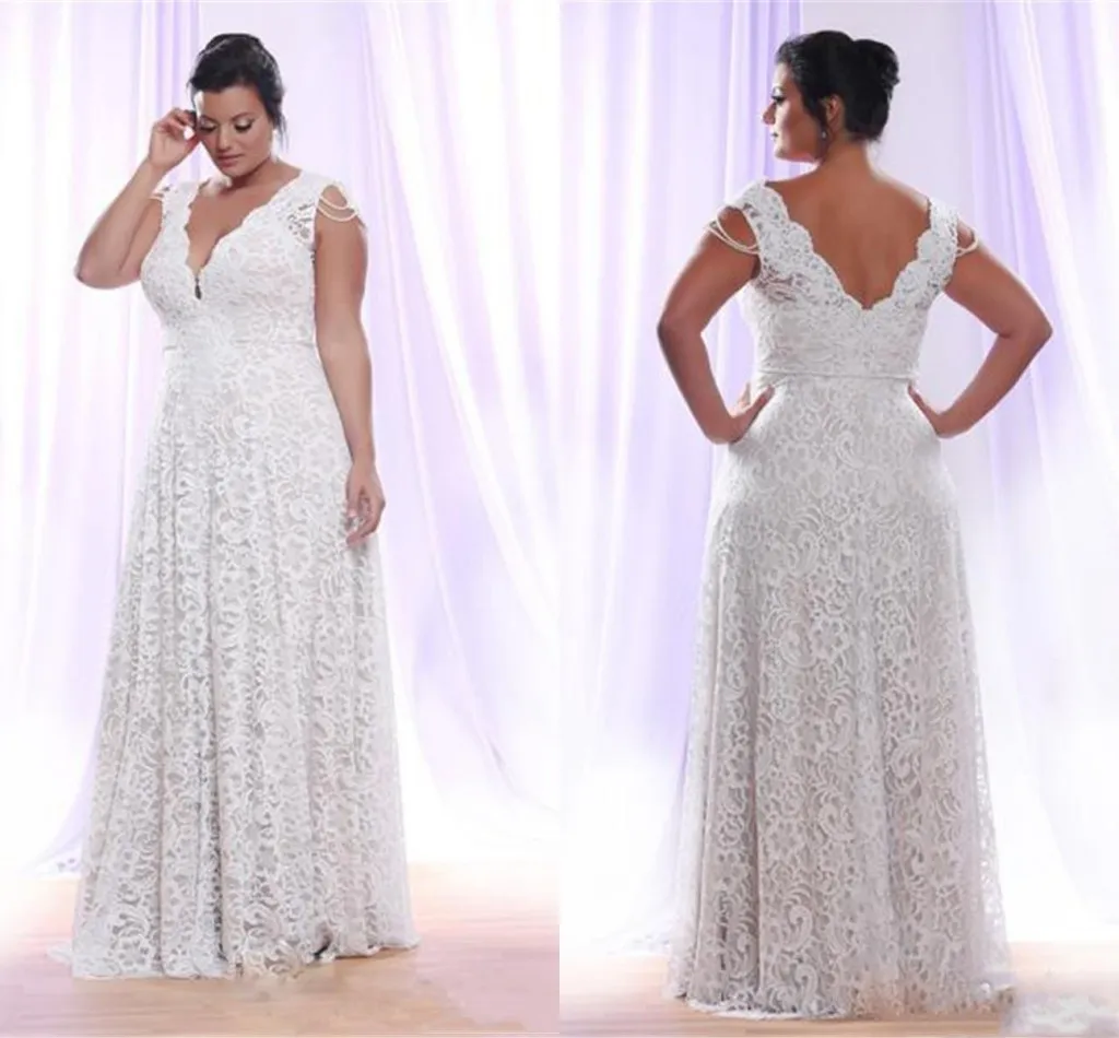 Charming Deep V-neck Lace Wedding Dresses 2019 Plus Size Pearls Cap Sleeve Boho Beach Wedding Dress Gowns For Bride vestidos de novia