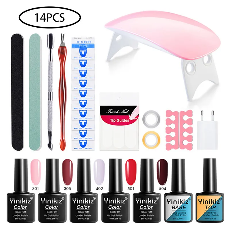 14PCS / SET Nail Art Gel Starter Kit 5 Färger Gel Nail Polish Set med UV-lampsalongverktyg för 3D Art DIY Dekoration