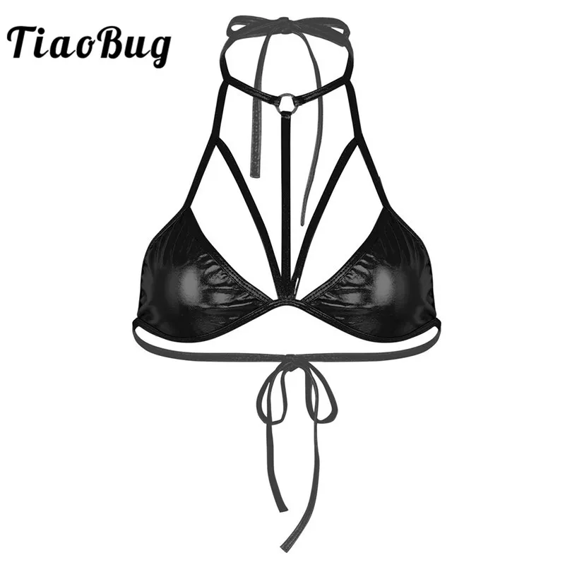 TiaoBug brillant métallique licou avant à bretelles Bralette femmes Sexy hauts de bikini discothèque fête Rave Festival scène danse Costume