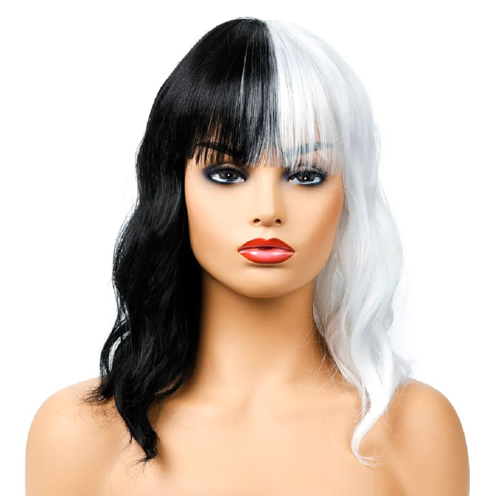 할로윈 코스프레 여성을위한 짧은 가발 Kinky Straight Synthetic Hair Wig Black White 2 Tones Patchwork2919652
