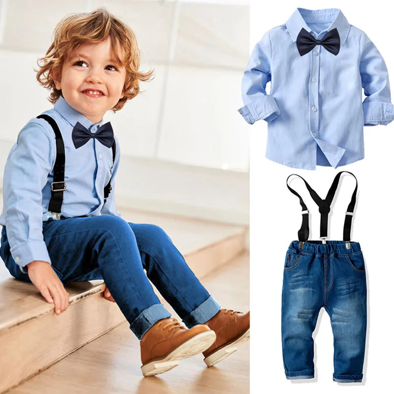 Yeni Stil Bebek Bebek Yenidoğan Erkek Giysileri Uzun Kollu Yaka Gömlek Denim Askıları Pantolon Set Çocuk Ziyafet Örgün Düğün Giysileri