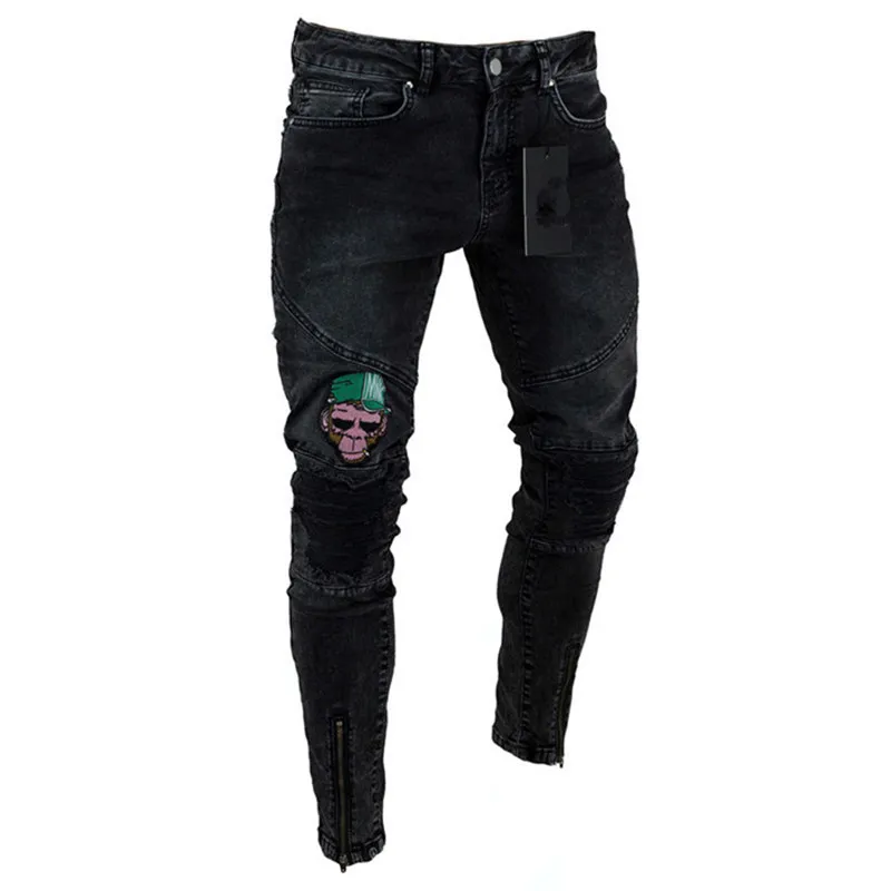 Modne obcisłe dżinsy rurki męskie stylowe porwane jeansy spodnie Biker Skinny Slim proste postrzępione spodnie jeansowe czarne niebieskie męskie dżinsy od projektanta