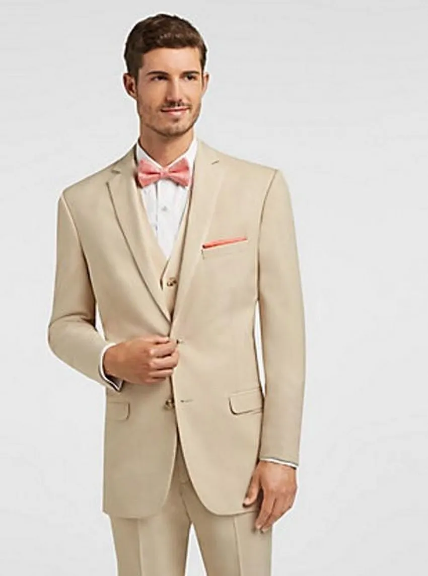 Smoking da sposo beige dal design classico con risvolto con risvolto a due bottoni Groomsmen da uomo smoking da uomo popolare abito da 3 pezzi (giacca + pantaloni + gilet + cravatta) 134