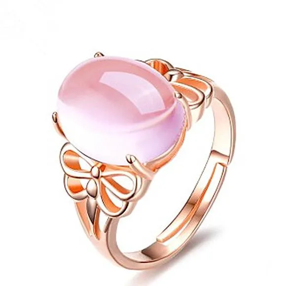 Rose Gold Woman Ring Natural Female Pink Crystal Furong Stone Jewel Opening Adjustable CZ Ring Jewelry