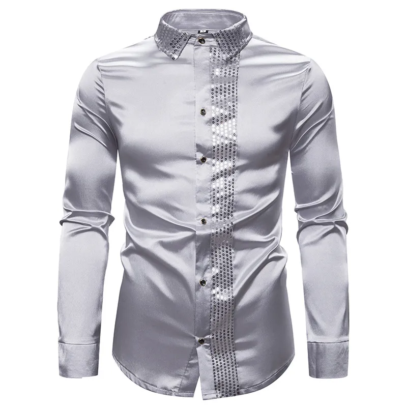 Shiny Silver Sequin Glitter verfraaid Slim Fit Shirt Mannen 2020 Gloednieuwe Mens Jurk Shirts Huwelijkspartij Casual Male Shirt