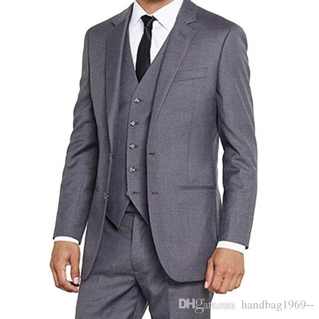 Mais recente projeto de dois botões ternos cinza Noivo Smoking Notch lapela homem de negócios Homens de casamento roupas de festa Fatos (jaqueta + calça + Vest + Tie) D: 293