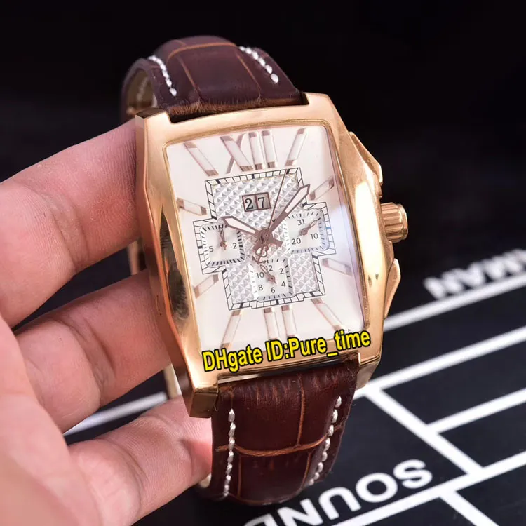 Barato Nuevo Flying B Cronógrafo Fecha Esfera blanca Miyota Cuarzo Cronógrafo Reloj para hombre Caja de oro rosa Correa de cuero negra Relojes Pur222S