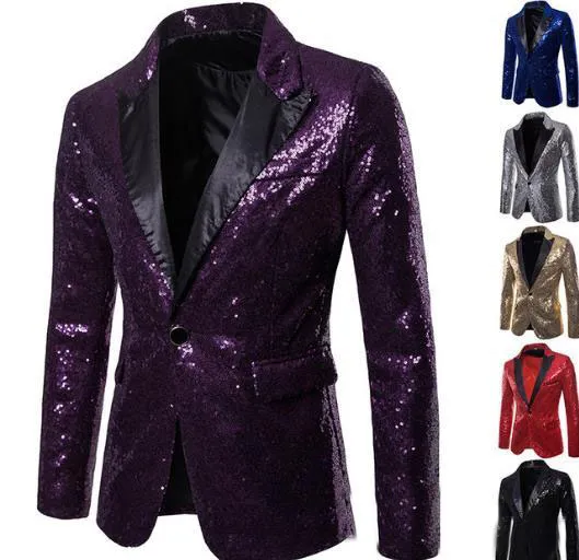 Mens Shining Sequin Blazer Suit Jacket for Host One Button Blazer Coat Cocktail Party Banquet Prom S-XXL gold blue red black silver purple