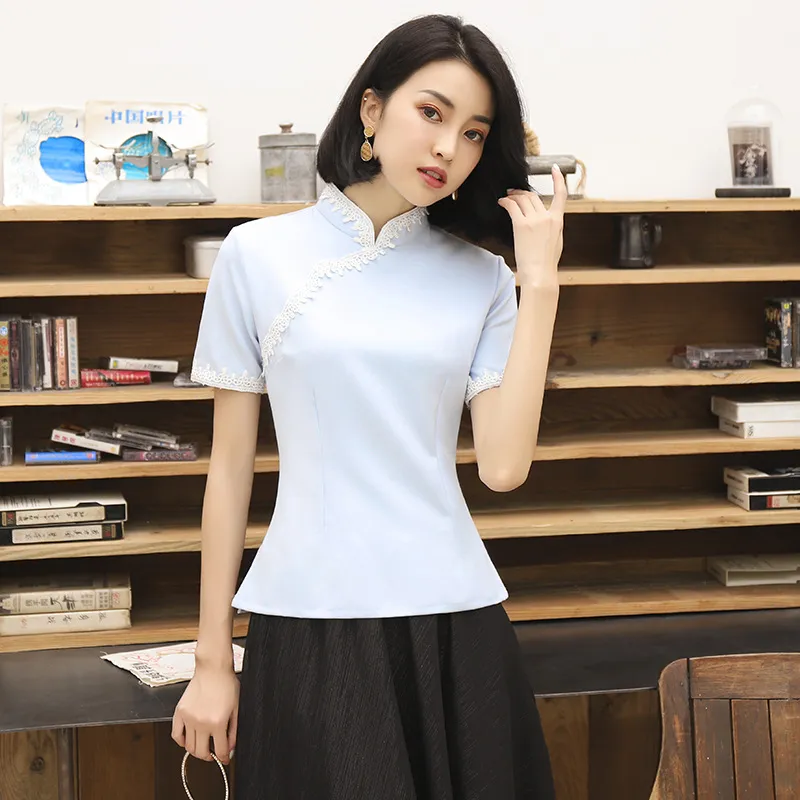 Lichtblauwe vrouwen shirt tops Chinese stijl dame lente herfst mandarijn kraag blouse handgemaakte knop qipao mujer camisa s-3xl