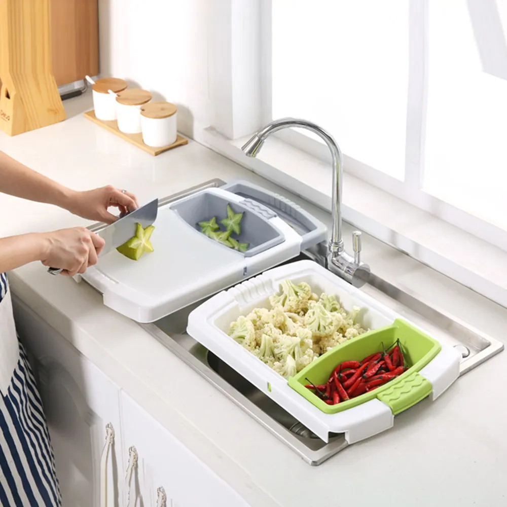 Plastic Cutting Board with Adjustable Multifunctional Drain Basket