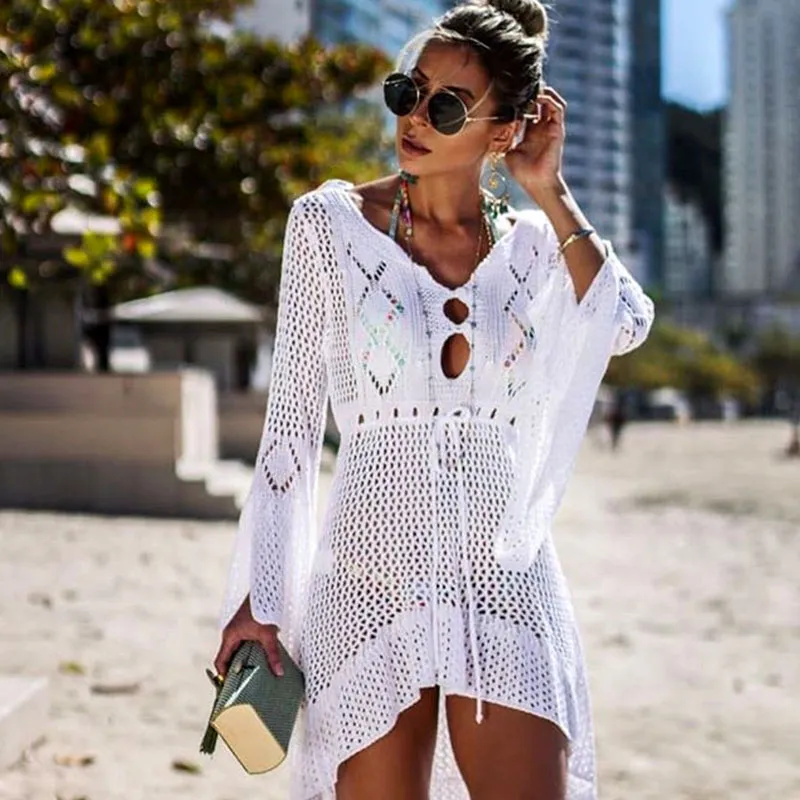2019 Crochet White Knitted Beach Cover up dress Tunic Long Pareos Bikinis Cover ups Swim up Robe Plage Beachwear