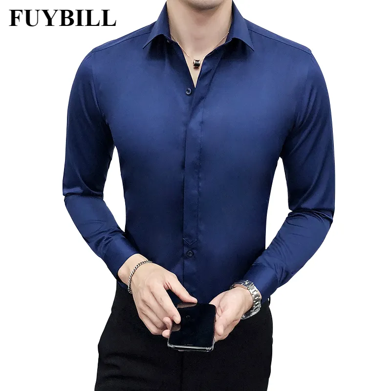 Fuybill New Mäns Solid Färgskjorta Mäns Enkla och bekväma Single-Breasted Business Casual Shirt Slim Stretch Long Sleeves