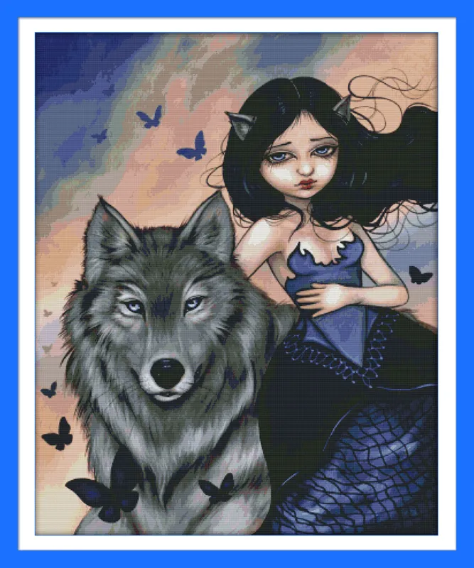 Lobo e menina linda decoração pinturas, feitos artesanais cruzar ferramentas de artesanato bordado bordado conjuntos de bordados contados Impressão em Canvas DMC 14CT / 11CT