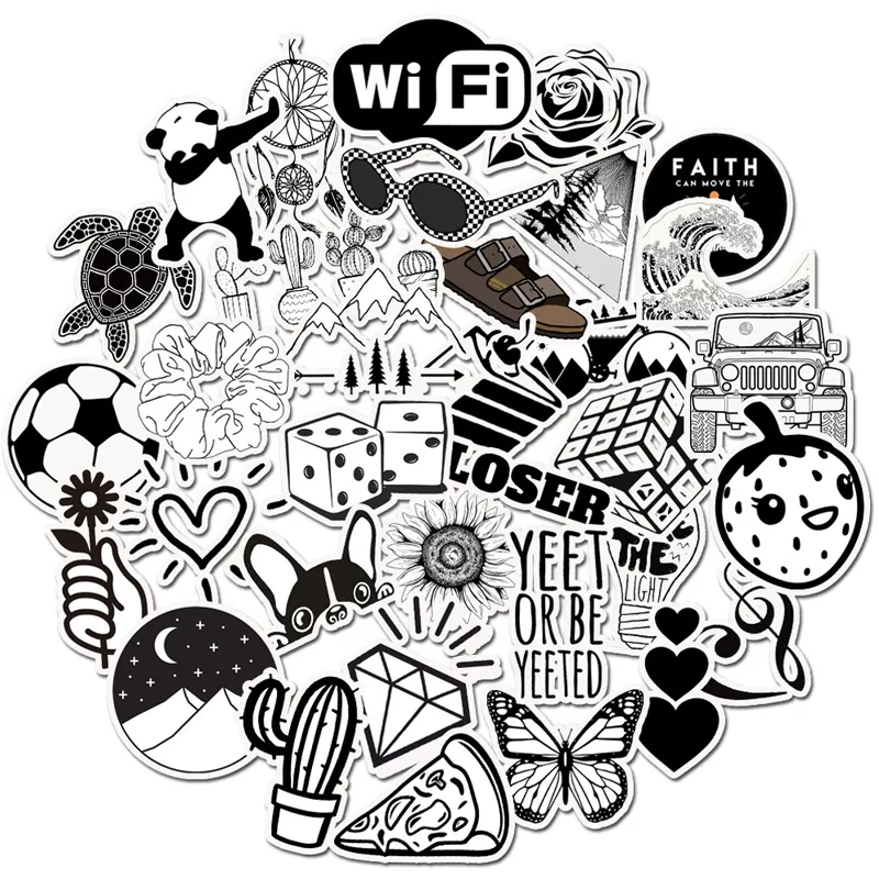 Cartoon Stickers Set - 50pcs Black & White, Cool Football, Car & Luggage  Notes - Ideal for Kids & Children