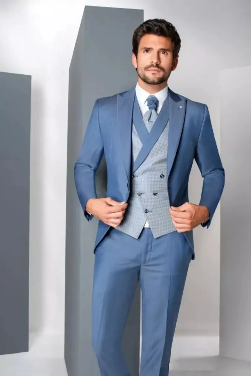 Moda Azul Slim Fit Noivo Smoking Pico Lapela Groomsman Vestido De Casamento Excelente Homens Formal de Negócios Partido Prom Terno (Jacket + Pants + Tie + Vest) 7