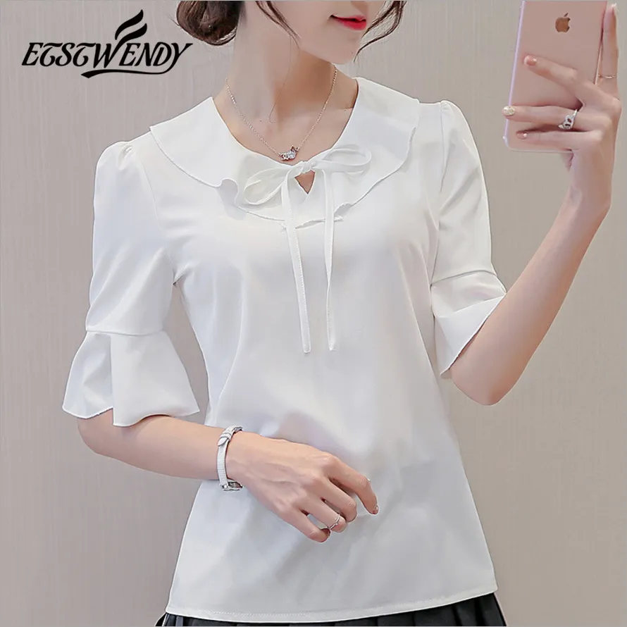 Cheap Korean Ruffled Chiffon Shirt Women Casual Vintage Long Sleeve White  Blouse Woman Elegant Flare Sleeve Fashion Tops 29719