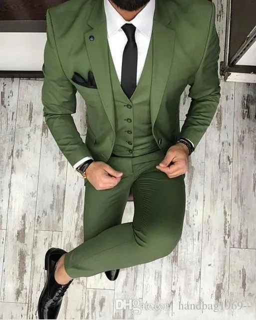 Latest Design Two Buttons Olive Green Groom Tuxedos Notch Lapel Groomsmen Mens Wedding Suits 3 Pieces Blazer (Jacket+Pants+Vest+Tie) K61