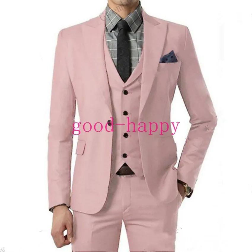 Brand New Groom Smoking Pink Man Casamento Smoking Pico Lapela Slim Fit Homens Jaqueta Blazer Popular 3 Piece Suit (jaqueta + calça + gravata + colete) 87