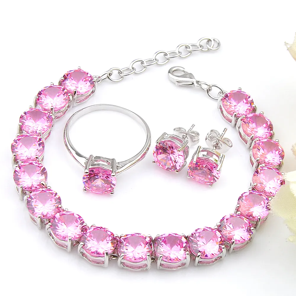 Wholesa Weddubg Smycken Ange Klassisk Round Pink Cubic Zirconia Gems 925 Sterling Silver Ring Stud Örhängen Armband Smycken Satser 8'Inch