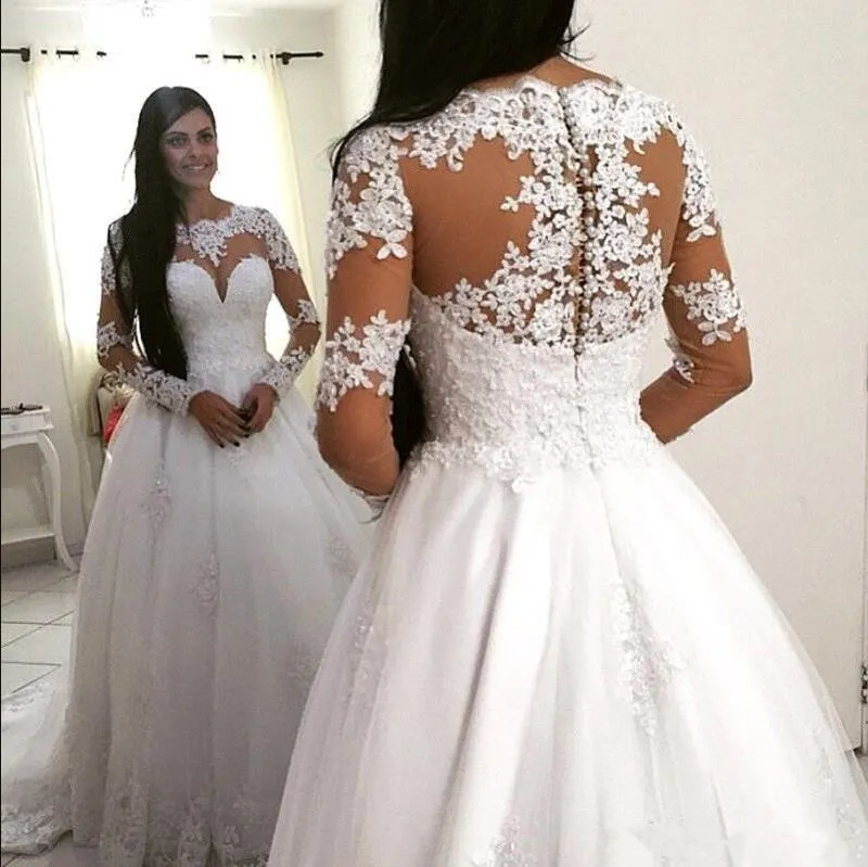 En linje bröllopsklänningar plus storlek 2020 Sheer Applique Långärmade Lace Beaded Bateau Hollow Back Bridal Gowns Vestidos de Novia Dress Bride