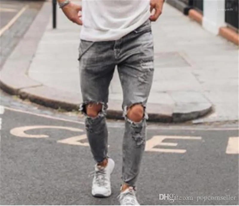 Compra Venta Caliente Rasgado Rodillas Y Piernas Grises Pantalones Vaqueros  Para Hombre Populares Ropa Jeans Pierna Pequeña Machos De Diseño Barato |  Entrega Rápida Y Calidad | Es.Dhgate