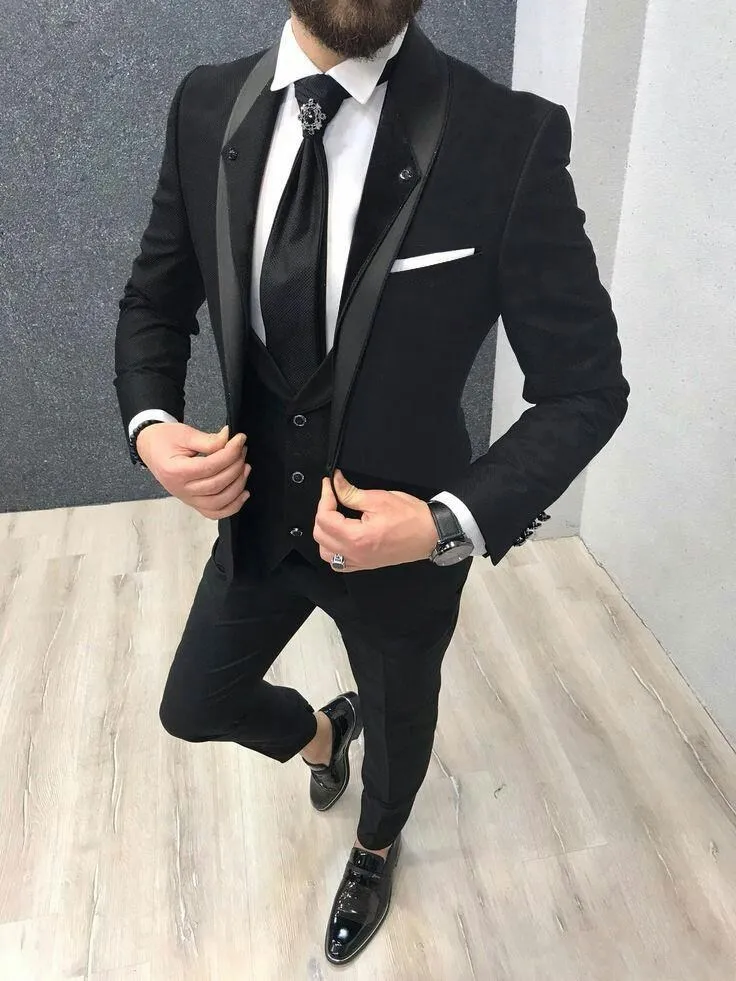 Yüksek Kalite Tek Düğme Siyah Düğün Erkekler Şal Yaka Üç adet İş Damat smokin (ceket + pantolon + Vest + Tie) W1058 Takımları