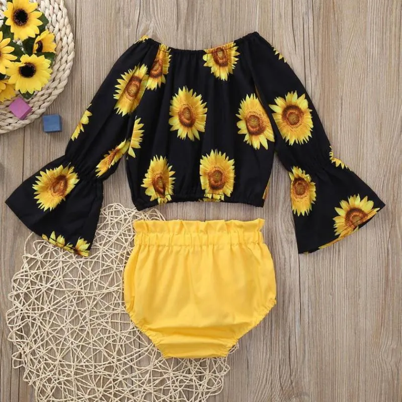 Baby Clothes Set 2 piece set kids clothing 2020 Sunflower Print Long Sleeved T Shirt Top Shorts baby clothes costume