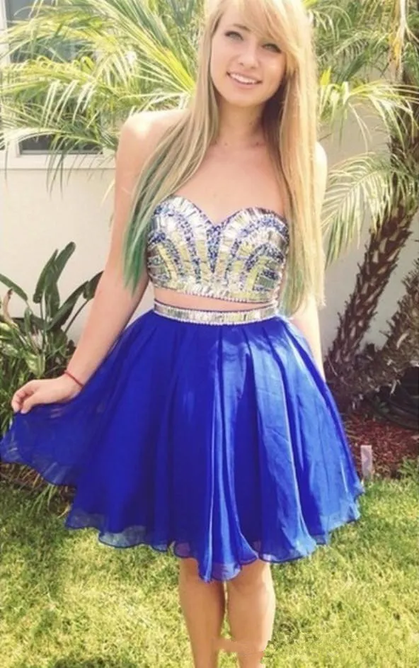 Royal Blue 2 Pieck A-Line Prom Homecoming Платья домохозяйства Дешевые стразы без бретелек трубопроводы с бедным сладким выпускным платьем для 15 девушек Z51