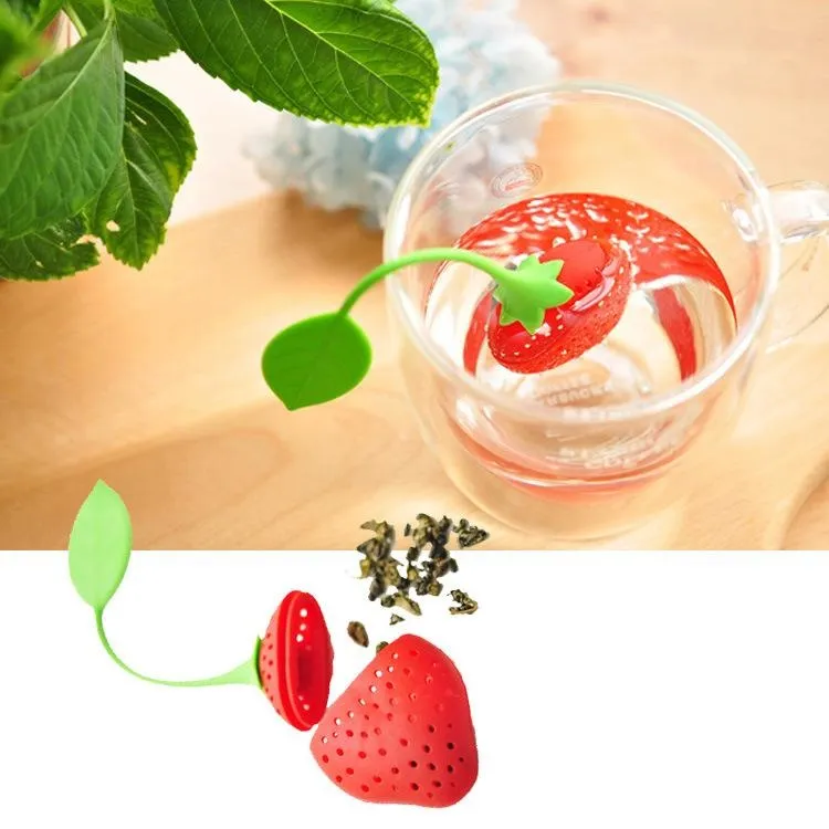 Mooie fruit aardbei vorm thee infuser food grade siliconen theezeef voor het verliezen van blad in theepot JXW116